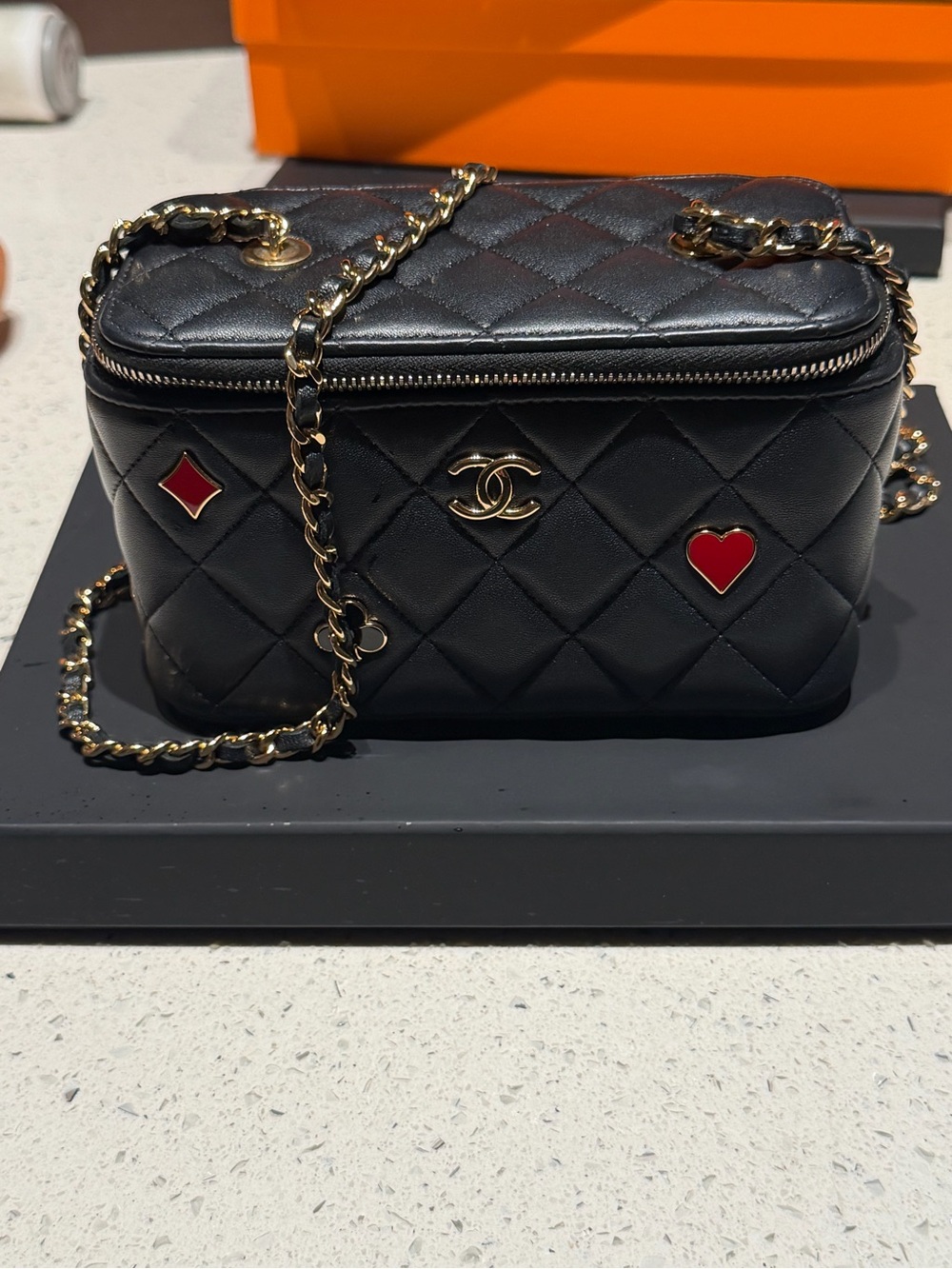 CHANEL Black leather casino Vanity Crossbody with Red Heart and Diamond Accents